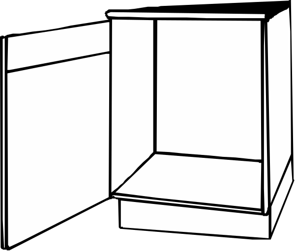 The black and white line drawing shows a simple room with four walls: two vertical ones on either side of an open doorway in front; one horizontal wall at the top behind what appears to be furniture like shelves or cabinets, which is not fully visible due to perspective distortion from angle viewpoint; another horizontal wall below that. The floor and ceiling are also depicted but without any additional details such as patterns or textures.
