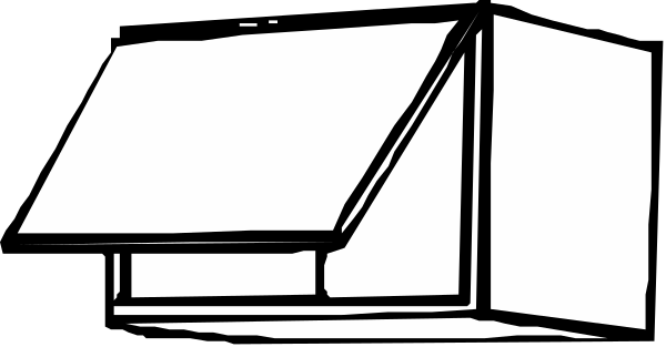 The black and white line drawing shows a simple house with an open door on top of it.