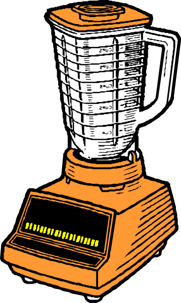 The image shows a cartoon of an orange blender with clear liquid inside it on top of what appears to be a countertop next to some measuring cups labeled "1 cup" through "4 cups."