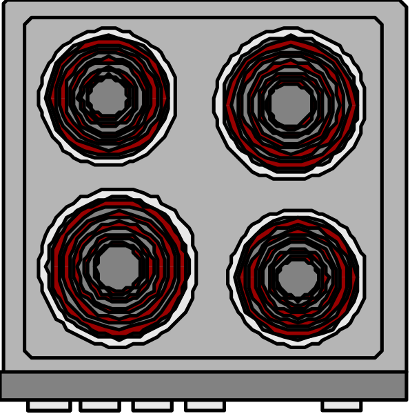 The image shows a stylized oven with four burners on top of it against an abstract background that resembles circuitry patterns in red and black tones.