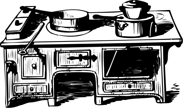 The black and white illustration depicts a kitchen scene with an oven on top of it is a pot that appears to be boiling water; next to this stove sits another smaller burner where there's also what seems like food cooking, possibly in pots or skillets as well. To the right side of these two stoves stands a wooden cabinet door and below them are drawers with handles on their fronts for opening/closing purposes. The kitchen has an old-fashioned aesthetic to it due to its design elements such as the stove, oven, cabinets,