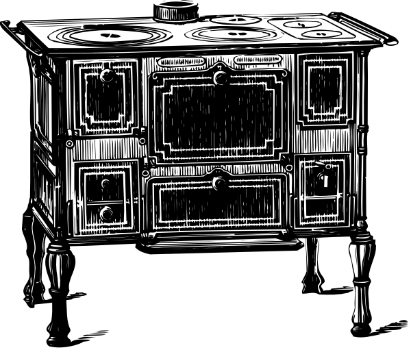 The black and white illustration shows a vintage kitchen scene with an old wooden cabinet featuring two doors on top of it; above each door is one knob.