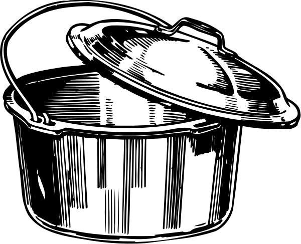 The black and white illustration shows two pots with lids on a dark background.