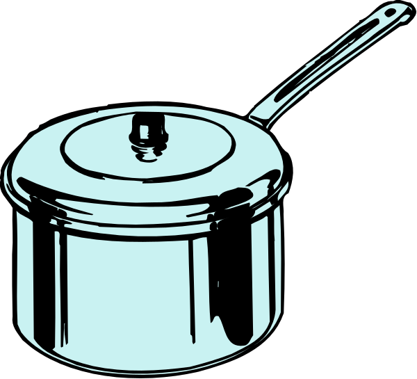 The black and white illustration shows two pots with lids on a stove top against a dark background; there is no text present in this image.