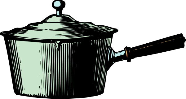 The black and white illustration shows a metal pot with an open lid on top of what appears to be a stove burner in a kitchen environment.