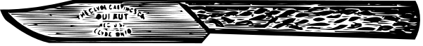 The black and white illustration shows a knife with an intricate design on its blade resting against what appears to be a wooden surface in front of it.