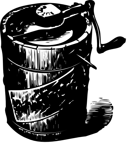 The black and white illustration shows a bucket with water inside it placed on top of another larger container that appears to be filled with ice cream cones.