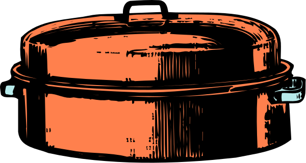 The image shows a pot with two handles on top of it placed against an orange background.