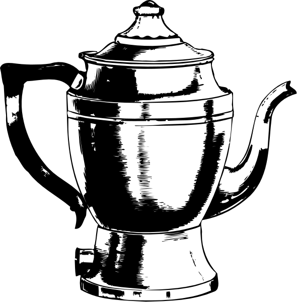 The black and white illustration shows two identical teapots with a lid on top of each other against a dark background.