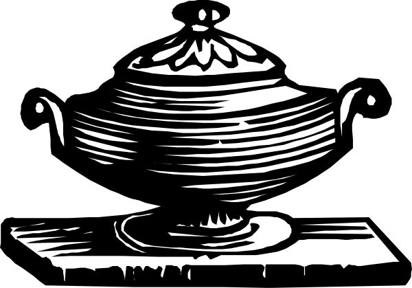 The black and white illustration shows a classic design of an old-fashioned ice cream maker with two scoops on top placed in front of what appears to be a cake stand that has three tiers, each tier holding different items such as cakes or pastries; the setting is indistinct.