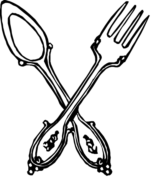 The black and white illustration shows a fork on top of two spoons with three utensils arranged diagonally in an upward direction against a dark background.