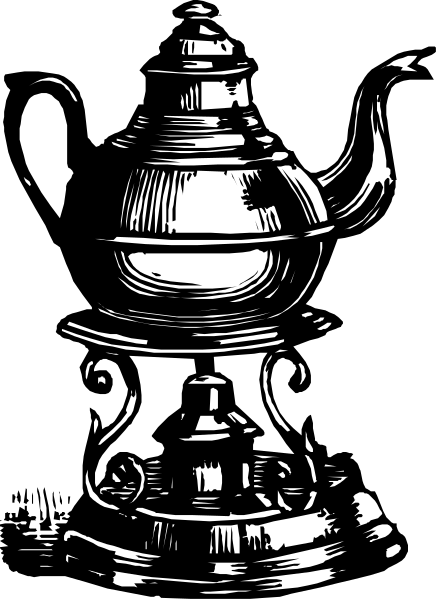 The black and white illustration shows a vintage metal teapot with an intricate design on top of it.