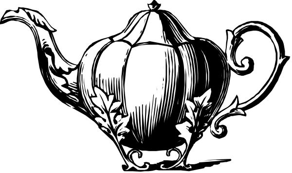 The black and white illustration features a teapot with two handles on either side of its body, each handle adorned with leaves at their ends; above it is an intricate design that includes swirls and floral patterns surrounding what appears to be a pumpkin or gourd.