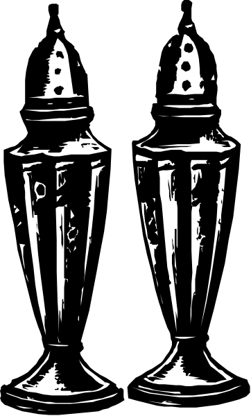 The black and white photo shows two trophies standing side by side against a dark background with no other discernible details visible in this small clip-art image.