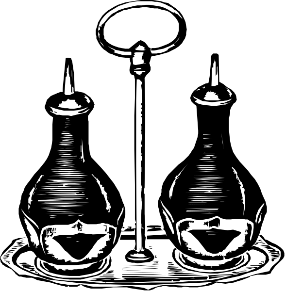 The black and white illustration shows a collection of bottles with different shapes on top of each other against a dark background; there is also an object that resembles a face at bottom left corner.