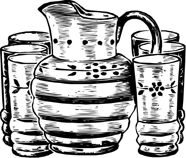 The black and white illustration shows a collection of vases with different designs on them placed next to each other against a dark background.
