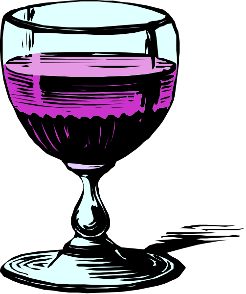 The black and white illustration shows a wine glass filled with purple liquid on top of what appears to be an ice bucket base, placed against a dark background that contrasts sharply with both objects.