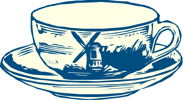 The illustration shows a cup of coffee with steam rising from it next to two saucers on either side; there is also an image within this larger one depicting another mug of tea beside a windmill, and both cups have handles facing outward as if ready for use or display.
