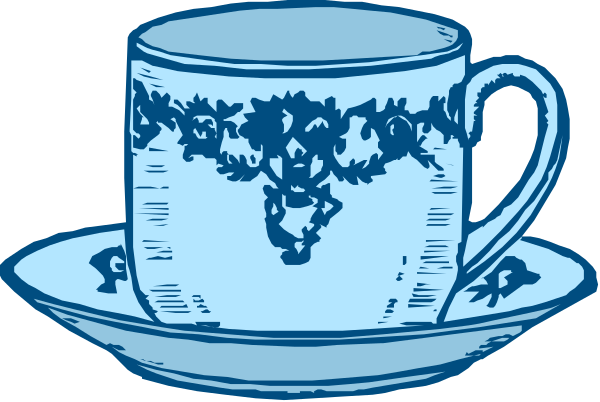 The image shows a blue teacup with two saucers on either side of it against a white background.