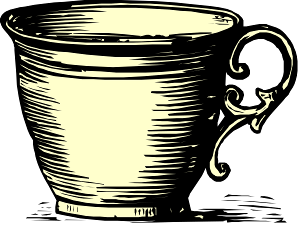 The black and white illustration shows a cup of coffee with steam rising from it on top of what appears to be an old-fashioned stovepipe oven in a kitchen environment.