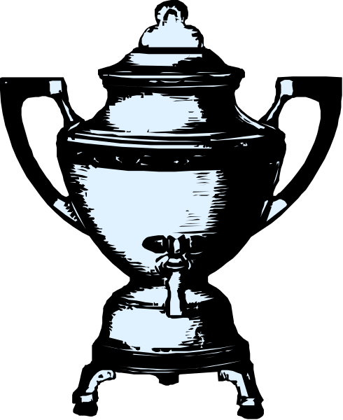 The black and white illustration shows a large metal pot with two handles on top of it placed against a dark background.