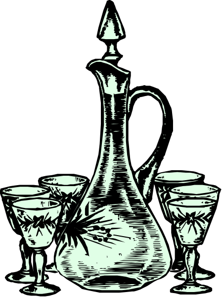 The black and white illustration features a collection of glassware including wine glasses, bottles with spouts like those used for oil or vinegar dispensing, and possibly other containers on display in an arrangement that suggests it could be part of a still life composition meant to represent fine china or table settings.
