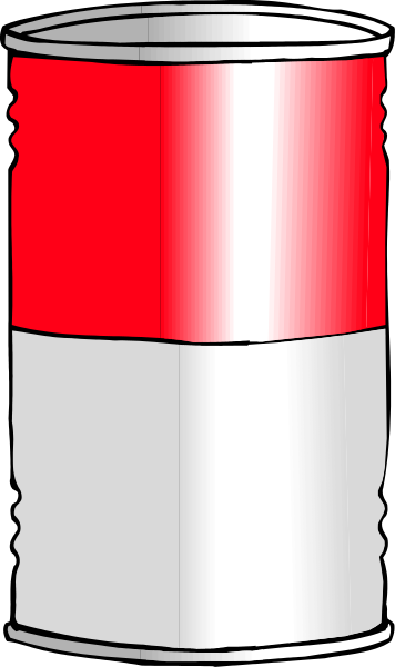 The image shows a red can with white stripes on it against a gray background.