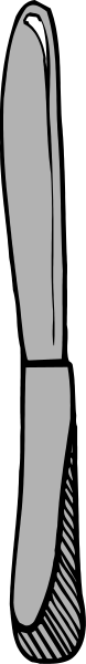 The image shows a knife with its blade pointing upwards against a gray background.