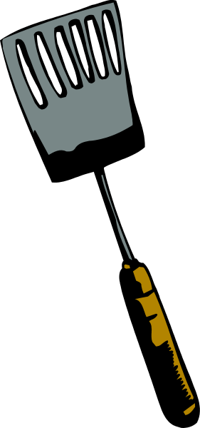 The image shows a black spatula with yellow handle against gray background.