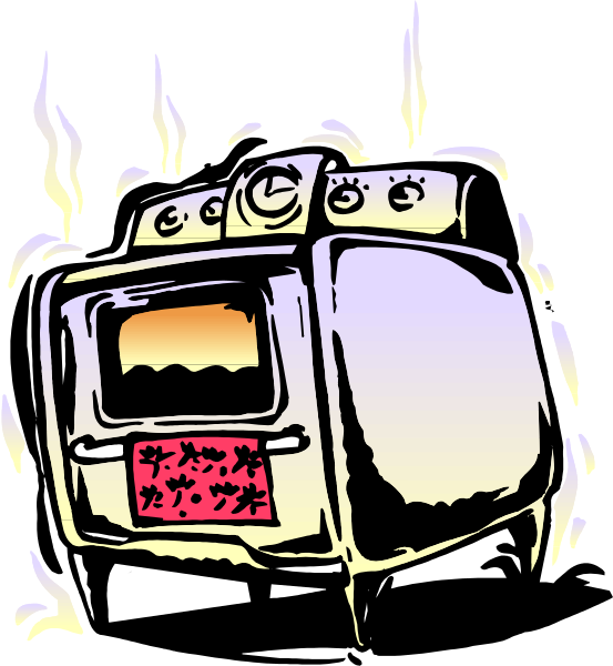 The image shows a cartoon of an old microwave with its door open emitting steam above it on top left corner against black background; to right is another smaller illustration showing what appears to be a vintage oven, possibly from 1950s or earlier era, in the same style. Both appliances are depicted as if they're malfunctioning and causing chaos around them with lines of steam coming out. The microwave has an orange light on top indicating it is turned on but not functioning properly; there seems to be a small explosion effect near its door due to