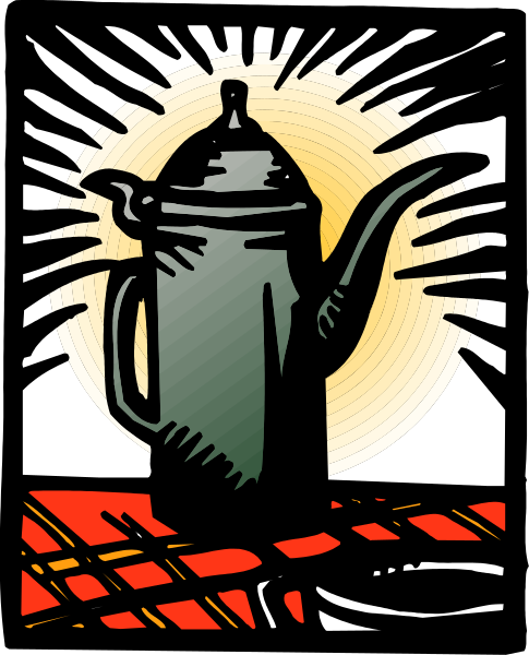 The illustration shows a cartoon of an old tea kettle with steam coming out from it on top of what appears to be a stove burner in front of a window that has sunlight shining through its panes, creating rays and patterns around them; there is also a red plaid pattern visible behind the glass.