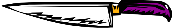 The image shows a knife with purple handle pointing upwards against a gray background.
