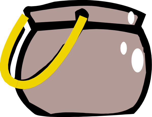 The image shows a cartoon depiction of an object that resembles a brown purse with two handles on either side, each handle having what appears to be yellow straps attached at one end.