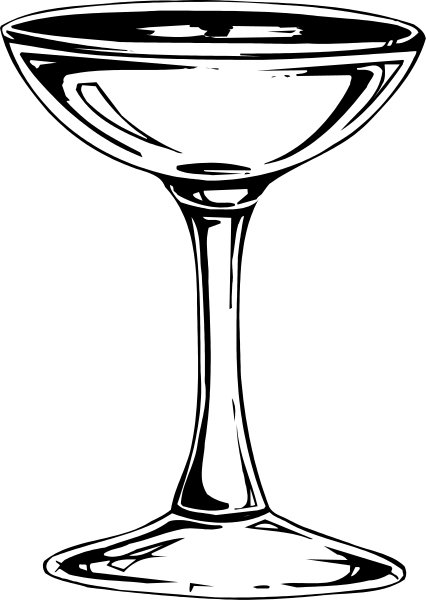 The black and white illustration shows a wine glass with liquid inside it on top of what appears to be an ice bucket base, set against a dark background that has stripes in shades lighter than the central image area.