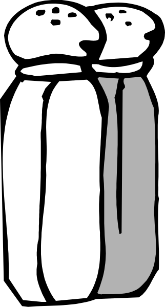 The black and white line drawing shows a cartoon of three salt shakers standing upright next to each other with their tops off; one is on top while two others sit below it in front view against a plain background, suggesting an indoor setting possibly for cooking purposes or as decoration.