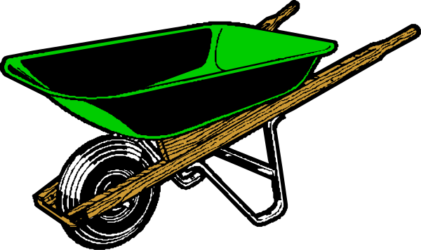 The black and white illustration shows a wheelbarrow on its side with two wheels visible against an unseen background; there is no text present in this image.