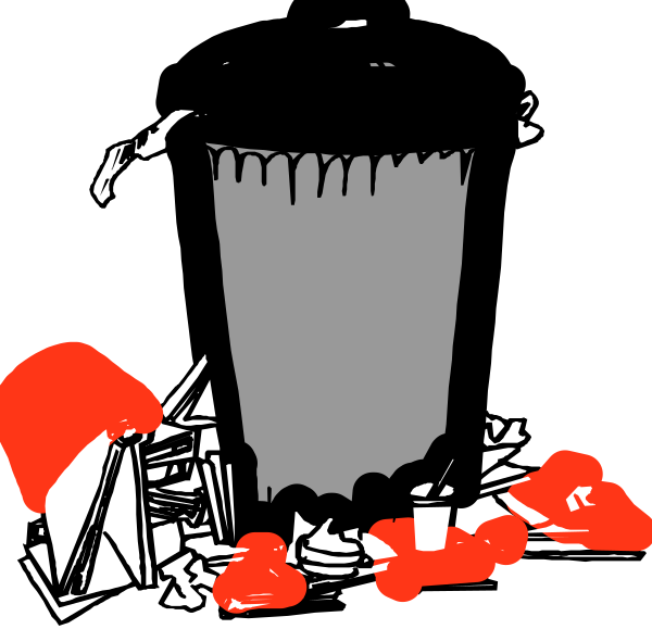 The black and white illustration shows a trash can overflowing with various items including what appears to be paper scraps and possibly other discarded materials at its base; above it is an abstract representation of flames in red, suggesting fire or heat emanating from within the container.