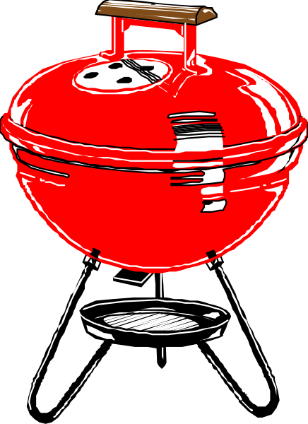 The illustration shows a red barbecue grill with an open lid on top of it sitting outdoors next to what appears to be charcoal briquettes in its bottom compartment.
