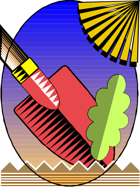 The image shows a stylized depiction of an open umbrella with its canopy facing upwards against a dark background; to the right is a red object that resembles a brush handle pointing towards it, and below this arrangement there's another item which appears like a paint roller. To the left side of these objects are two green leaves on either end, suggesting they might be part of an emblem or logo design with decorative elements around them; in front is what seems to be a small tree stump at the bottom center. The overall style suggests it could be