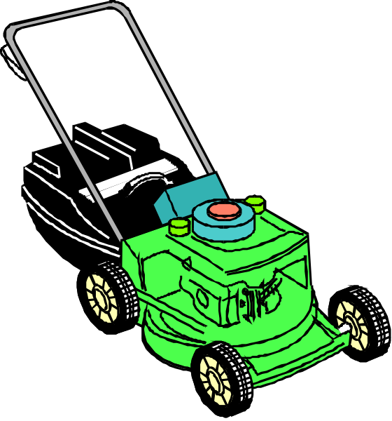 The image shows a green lawn mower with wheels on it against a black background.