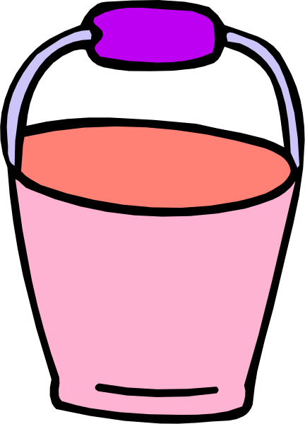 The image shows a pink bucket with water inside it placed on top of an ice cream scoop that is purple at its handle end but red in color for most part.