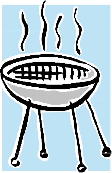 The image shows a black pot with steam rising from it on top of an oven door that is open to reveal flames inside; there's also a blue background behind them both.