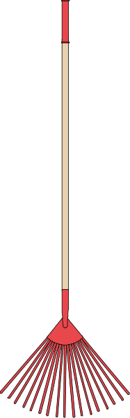 The image shows a red broom with bristles pointing upwards against a black background on the right side of an otherwise gray square frame.