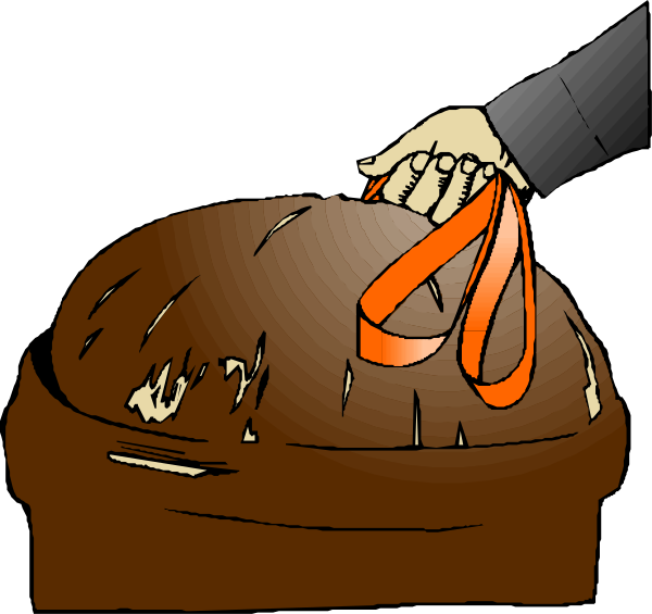 The illustration shows a person's hand holding an orange ribbon over what appears to be a loaf of bread in one frame, while another image depicts that same object with its top sliced off revealing it is actually filled with money and tied up for presentation or sale purposes.