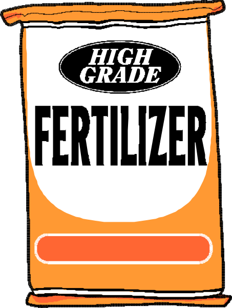 The image shows a cartoon depiction of an open package with text that reads "HIGH GRADE FERTILIZER" on it, indicating its contents as fertilizer for plants.