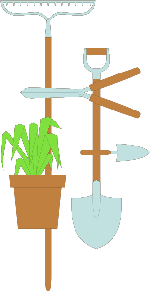 The image shows a collection of gardening tools including shovels, rakes, trowel, watering can, wheelbarrow, potted plant with green leaves, brown potting soil in bucket, and various garden implements arranged against black background.