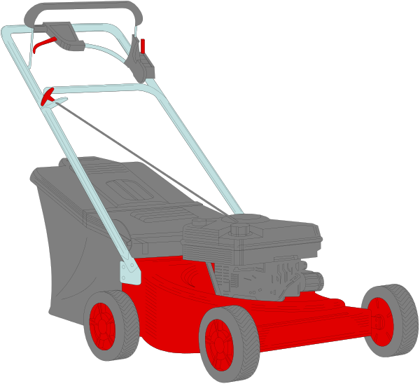 The image shows a red lawn mower with wheels on it against a black background.