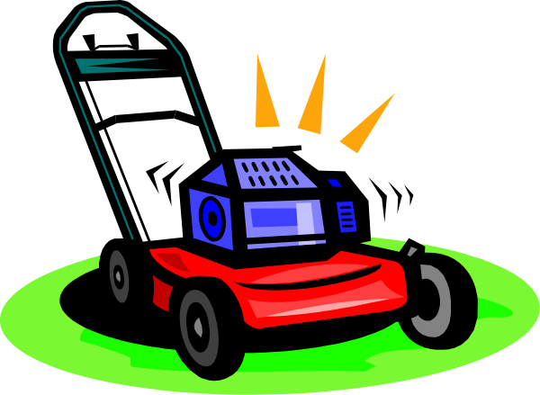 The image shows a cartoon depiction of two lawn mowers: an electric green model on top left with its blades extended outward; below it is another red gas-powered model that appears to be in motion, as indicated by three sunburst lines emanating from the right side.