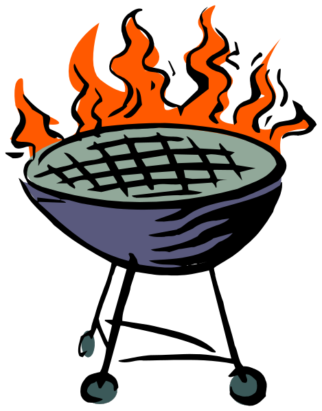 The image shows a cartoon depiction of an open grill with flames on top next to what appears to be a hot dog in bun being cooked over it; there is no text present within this small clip-art illustration, and all elements seem stationary without any action taking place or people visible.