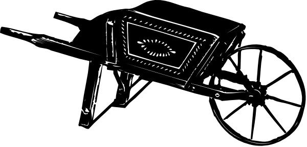 The black and white silhouette of a horse pulling an old fashioned carriage with wheels on it against a dark background.